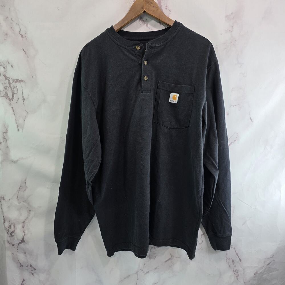 Carhartt T Shirt Mens Medium Black Pocket Original Fit Tee Long Sleeve Button